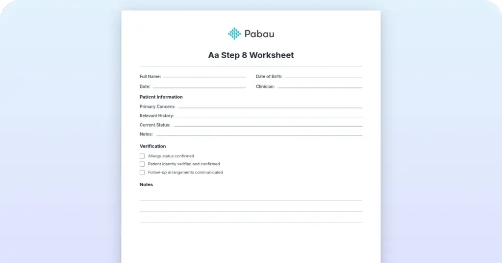 AA Step 8 worksheet preview from Pabau