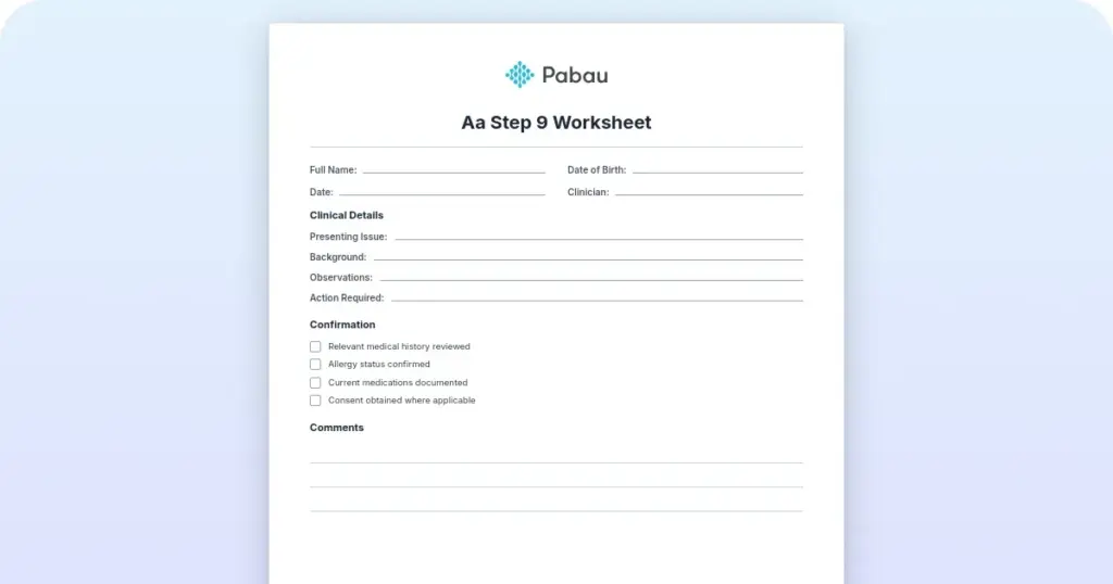 A clinician's guide to using an AA step 9 worksheet in addiction counseling preview from Pabau