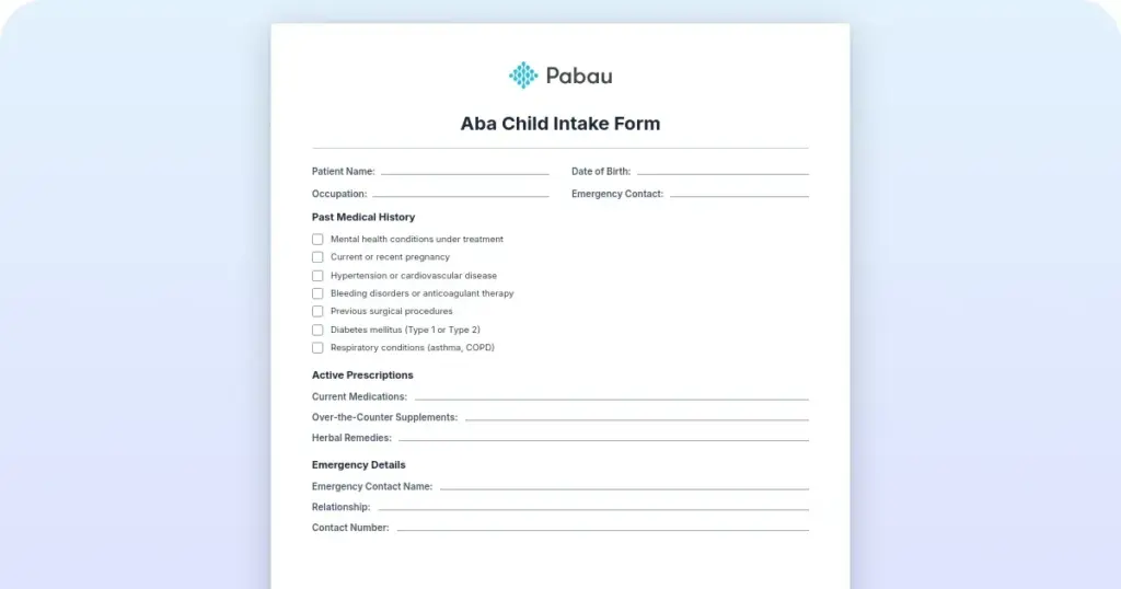 ABA intake form template: Free PDF download preview from Pabau
