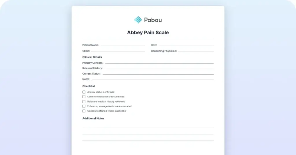 Abbey Pain Scale: Free downloadable template preview from Pabau