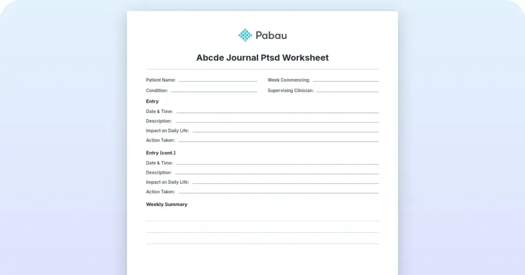 ABCDE journal PTSD worksheet: Free PDF for therapists preview from Pabau
