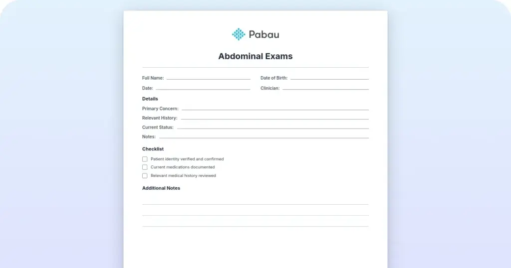Abdominal exam documentation: free template and examples preview from Pabau