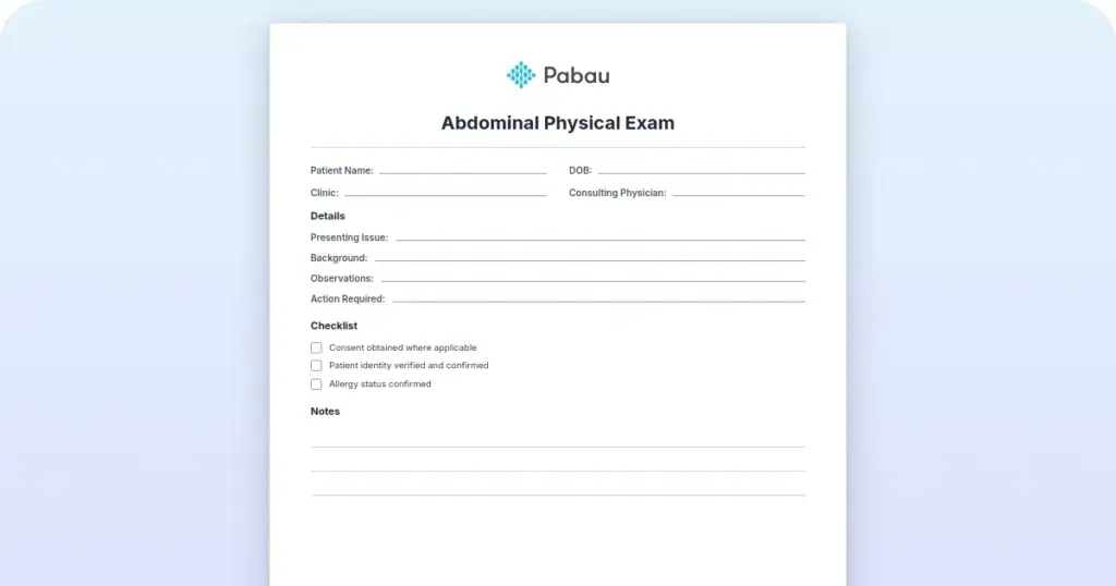 Abdominal physical exam preview from Pabau