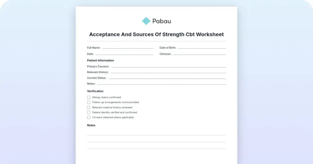 Acceptance and sources of strength CBT worksheet: Free PDF preview from Pabau