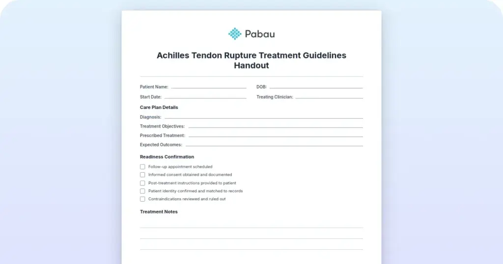 Achilles tendon rupture treatment guidelines handout preview from Pabau