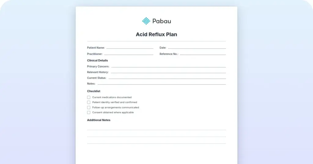 The acid reflux care plan template for GERD management preview from Pabau