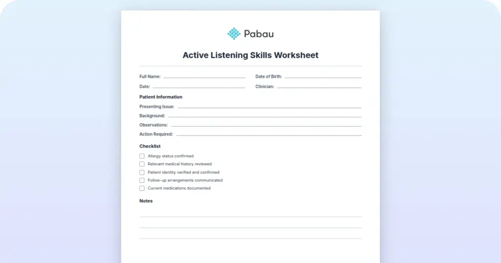 Active Listening Skills Worksheet preview from Pabau