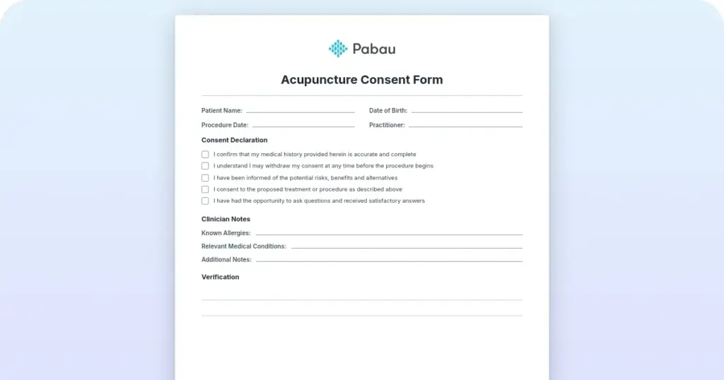 Acupuncture Consent Form preview from Pabau