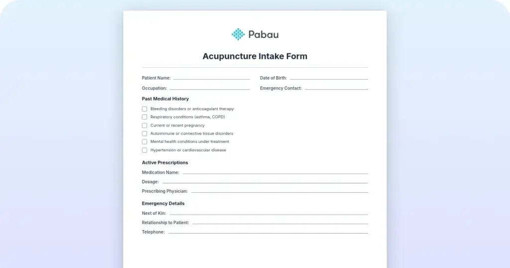 Acupuncture intake form: free template for practitioners preview from Pabau
