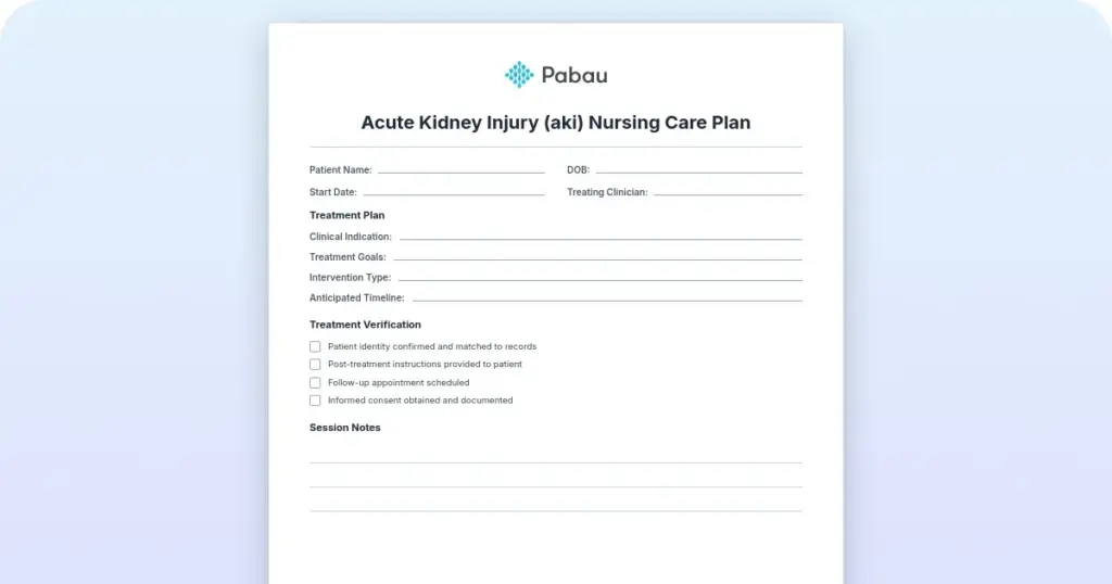 Acute kidney injury (AKI) nursing care plan preview from Pabau