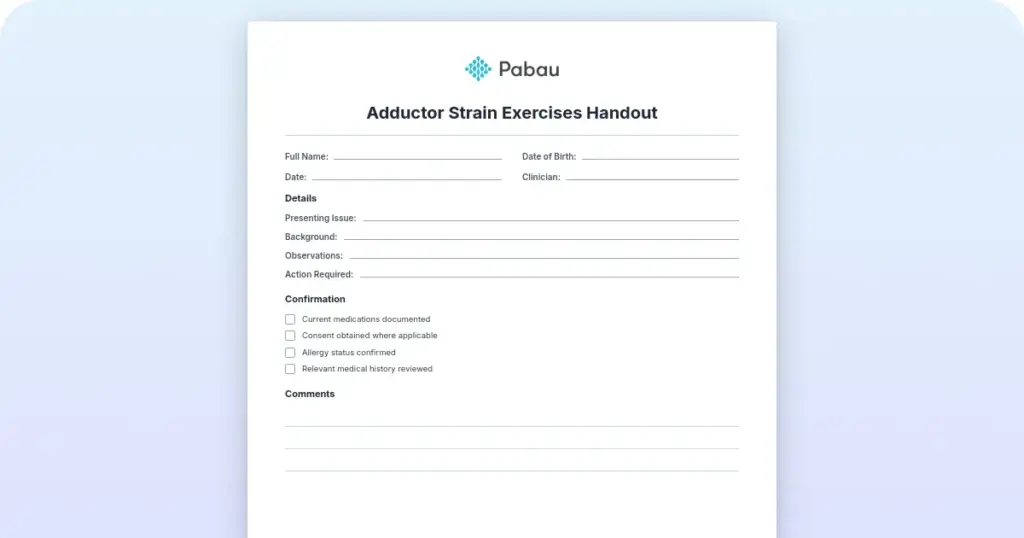 Adductor strain exercises: a phase-based rehab handout preview from Pabau