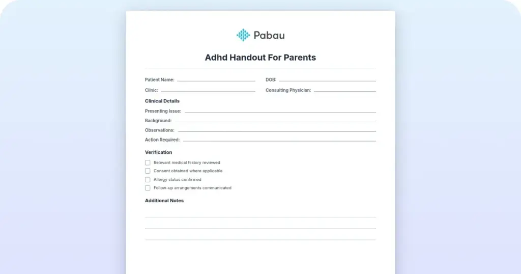 ADHD handout for parents: Free PDF template preview from Pabau