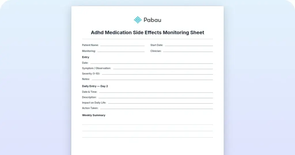 ADHD medication side effects monitoring sheet preview from Pabau