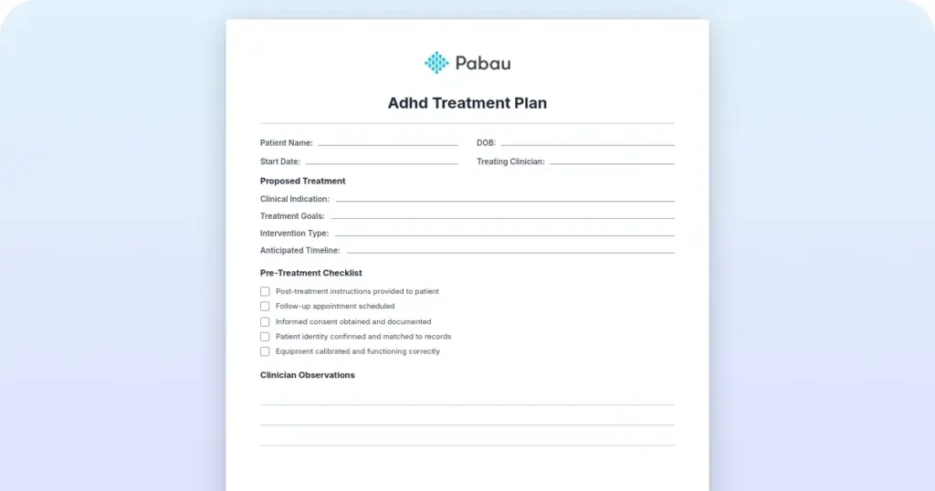 ADHD treatment plan: Clinical template guide preview from Pabau