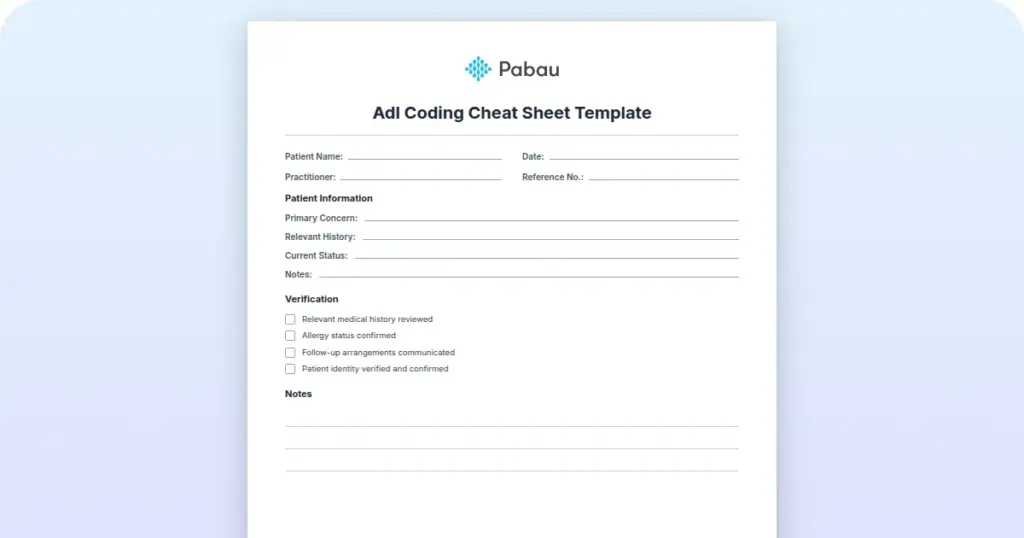 ADL Coding Cheat Sheet Template preview from Pabau