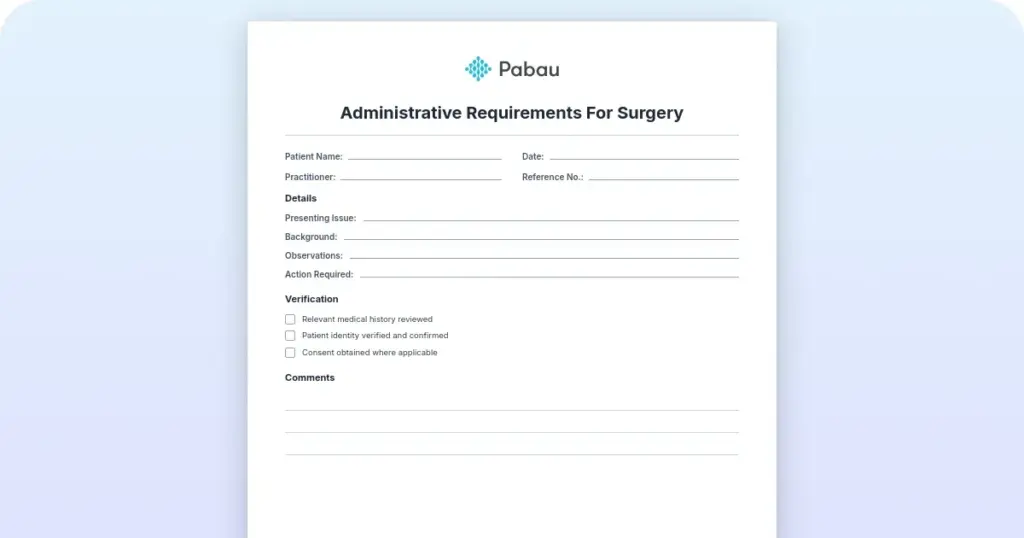 Administrative requirements for surgery form preview from Pabau