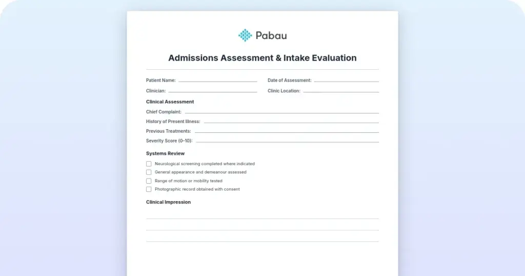Intake assessment and evaluation template (free download) preview from Pabau
