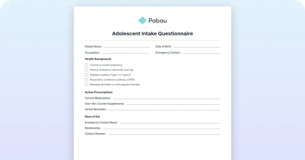 Adolescent intake questionnaire for mental health preview from Pabau