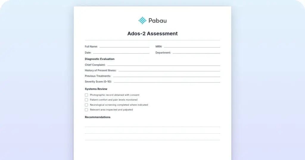 Blank Pabau-branded clinical assessment form headed ADOS-2 assessment, lying on a wooden desk