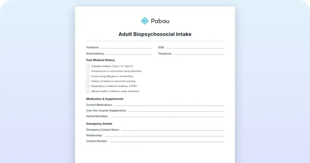 Adult biopsychosocial intake preview from Pabau