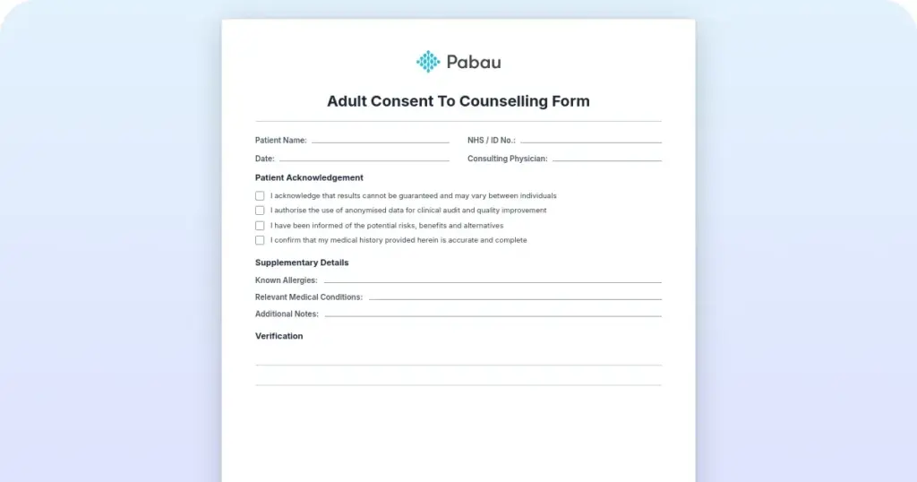 Adult counseling consent form template (free PDF) preview from Pabau
