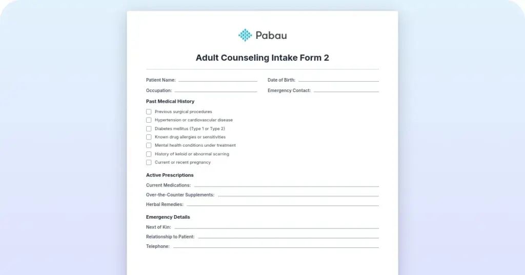 Adult counseling intake form for mental health preview from Pabau