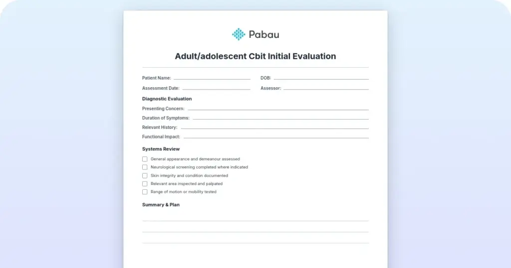 Adult/adolescent CBIT initial evaluation template (free) preview from Pabau