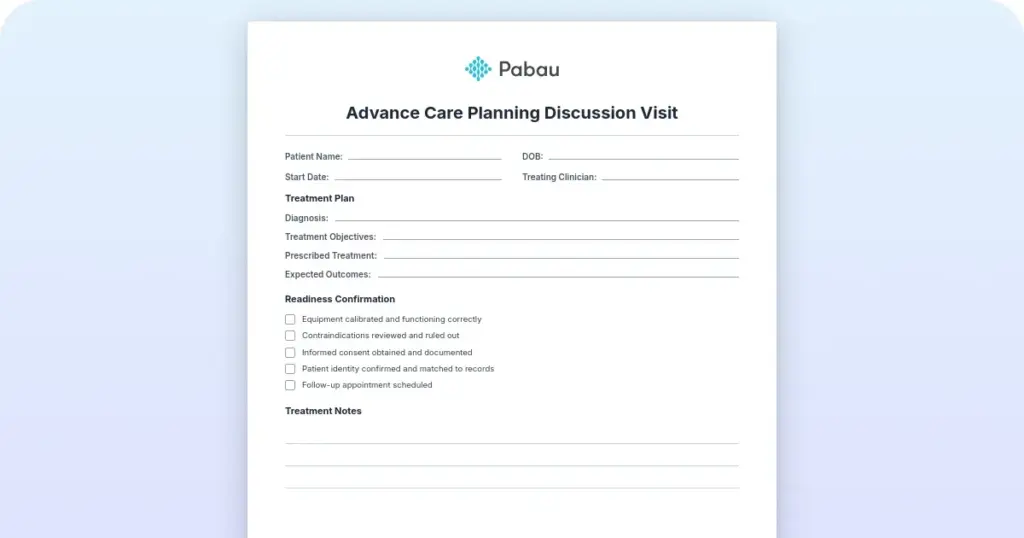 Advance care planning visit template + CPT 99497/99498 preview from Pabau