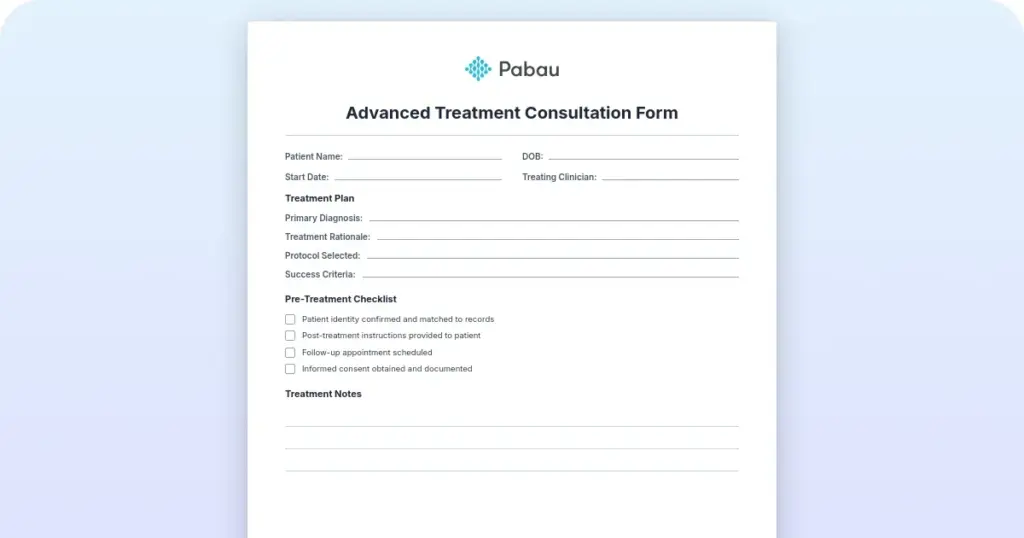 Advanced treatment consultation form preview from Pabau