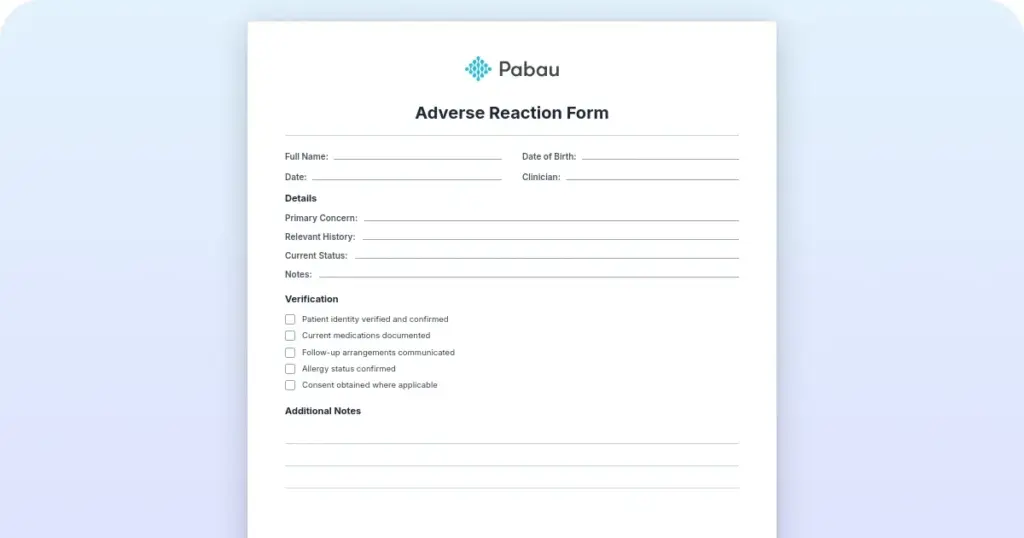 Adverse reaction form preview from Pabau