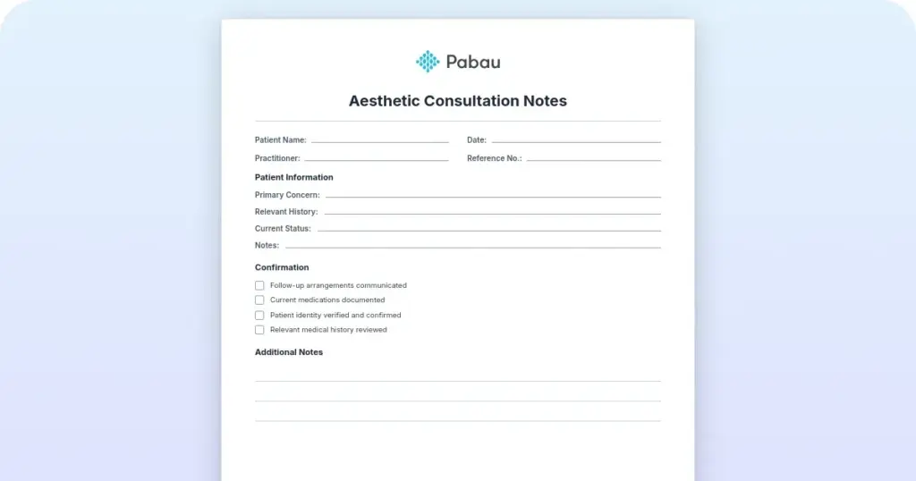 Aesthetic consultation notes: free template and guide preview from Pabau