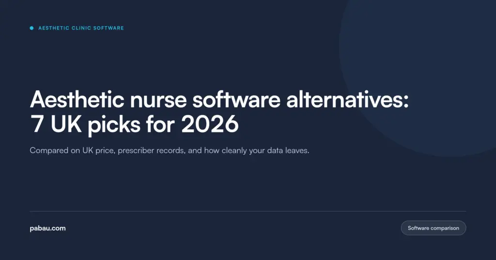Pabau blog card: aesthetic nurse software alternatives, 7 UK picks for 2026, compared on UK price, prescriber records and data export