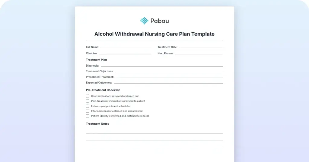 Alcohol withdrawal nursing care plan template preview from Pabau