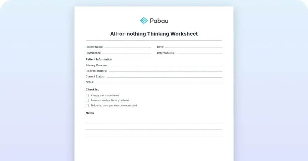 All-or-nothing thinking worksheet (free CBT PDF) preview from Pabau