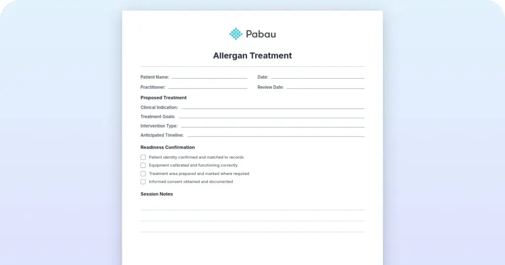 Allergan injection site record: Free template and guide preview from Pabau