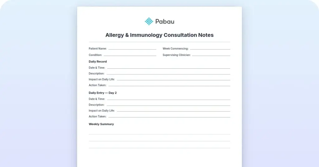 Allergy and immunology consultation notes template preview from Pabau