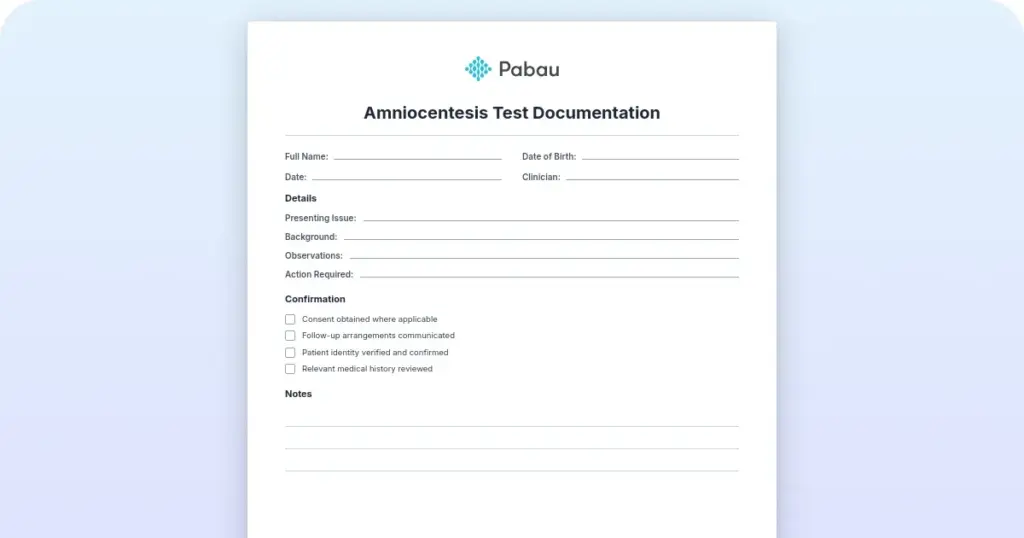 Amniocentesis test documentation: Essential elements listed preview from Pabau