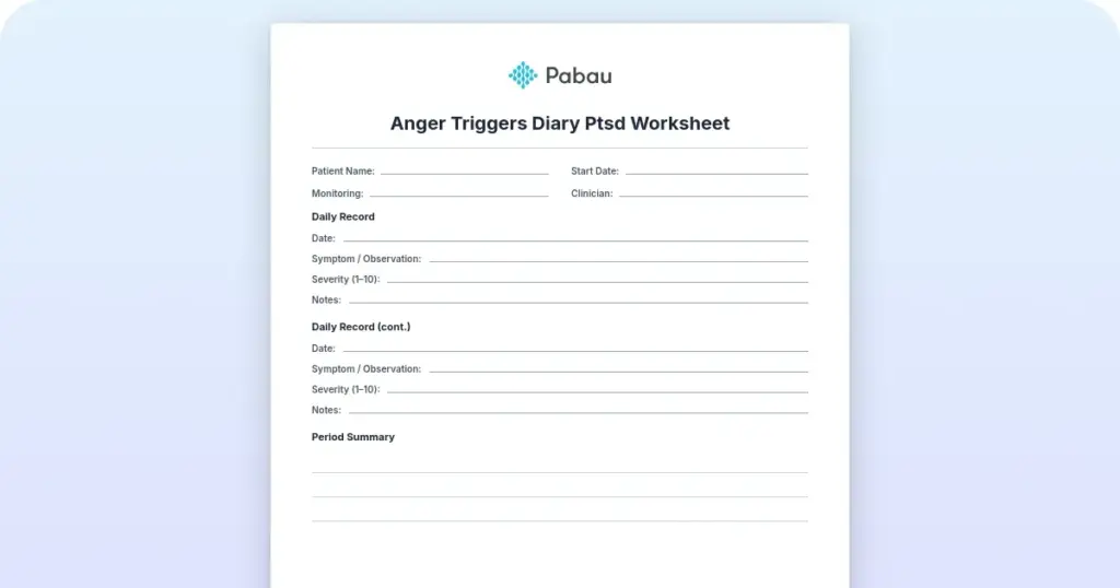 Anger triggers diary PTSD worksheet preview from Pabau