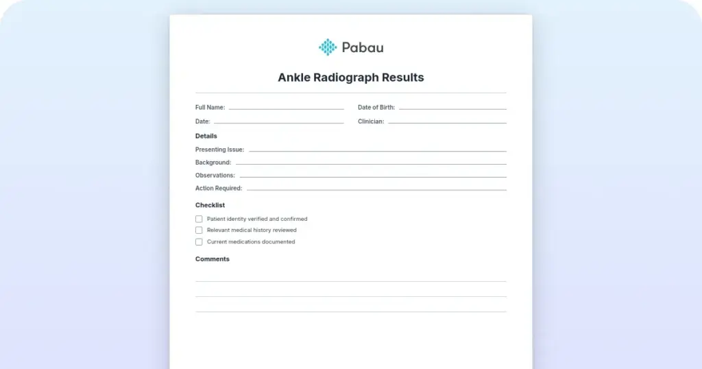 Ankle radiograph results template preview from Pabau