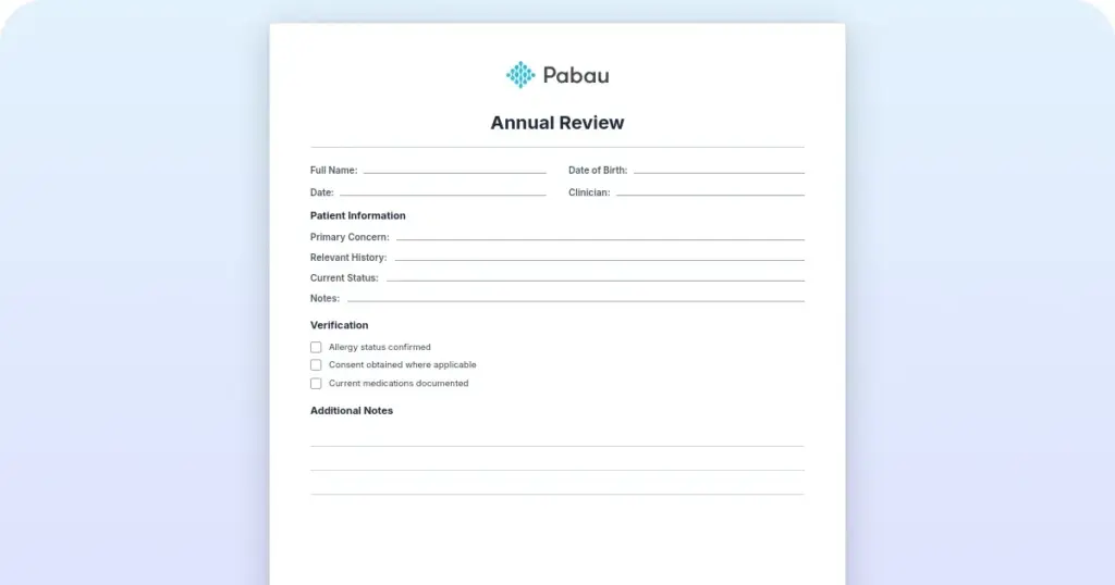 Annual review template for healthcare practices preview from Pabau