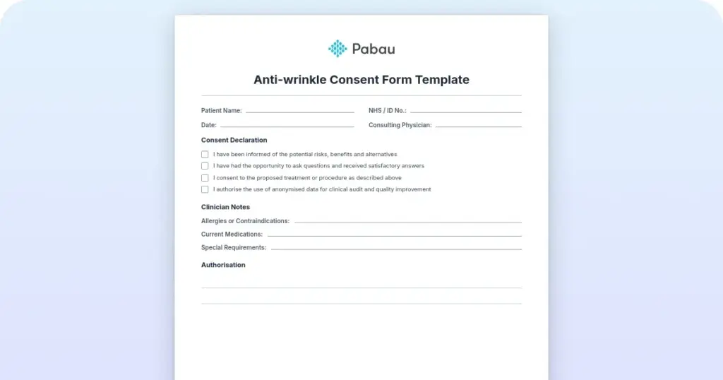 Anti-wrinkle treatment consent form: free template and practitioner guide preview from Pabau