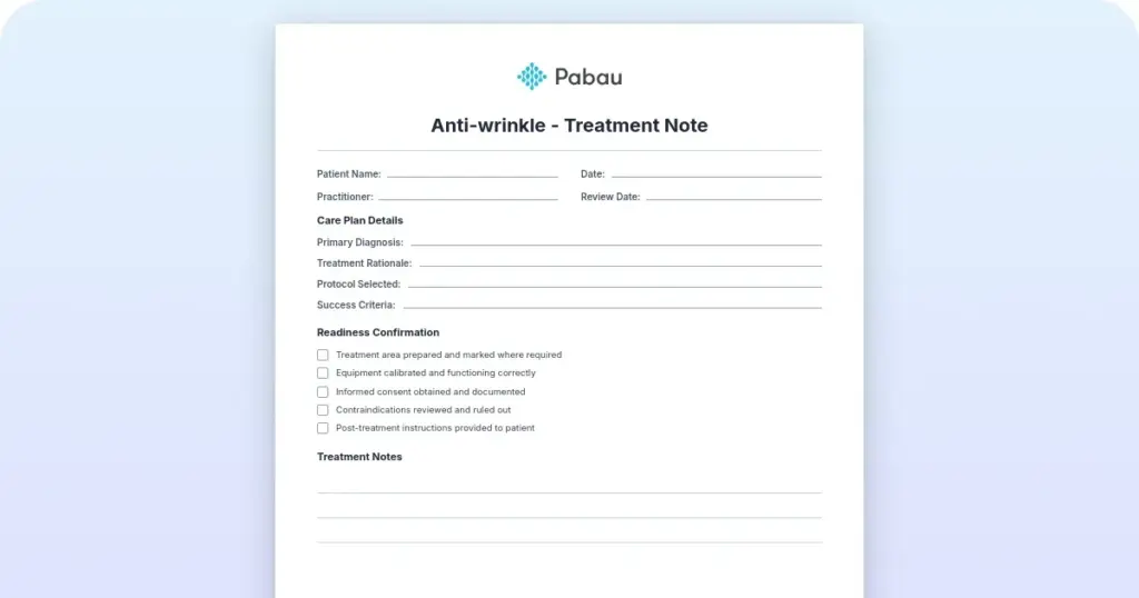 Anti-wrinkle treatment note template for practitioners preview from Pabau