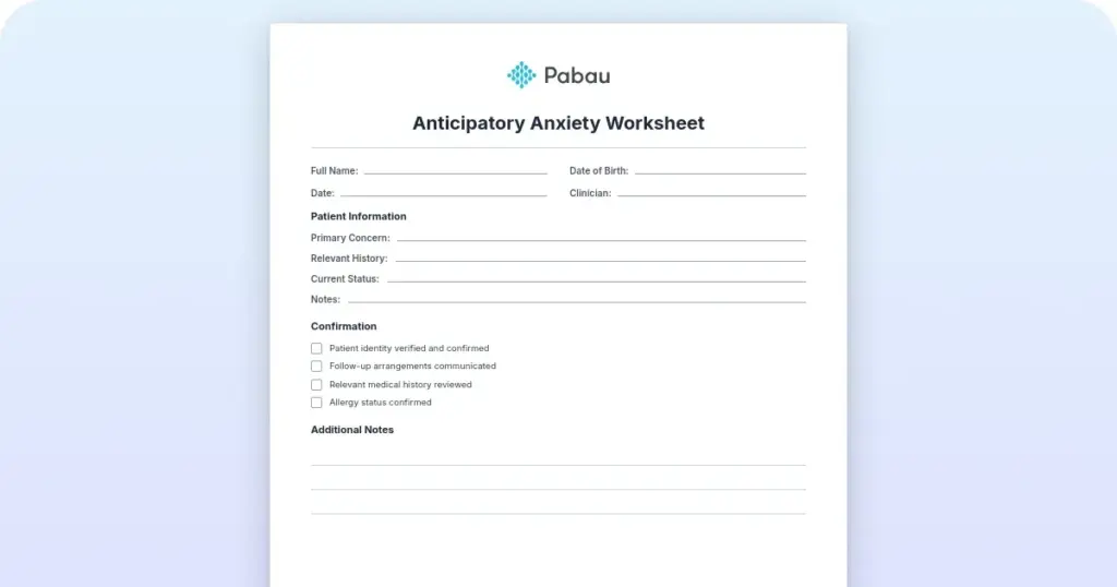 Anticipatory anxiety worksheet preview from Pabau