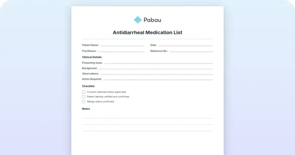 Antidiarrheal medication list preview from Pabau
