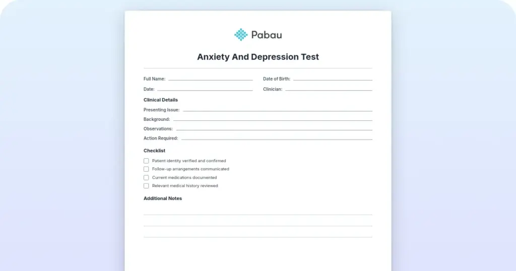 Anxiety and depression test preview from Pabau