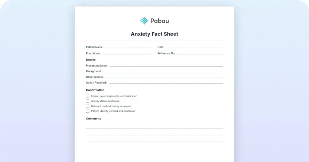 Anxiety fact sheet: Symptoms, causes and treatment preview from Pabau