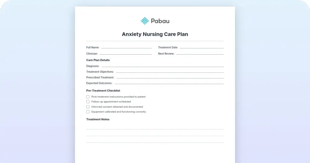 Anxiety nursing care plan preview from Pabau