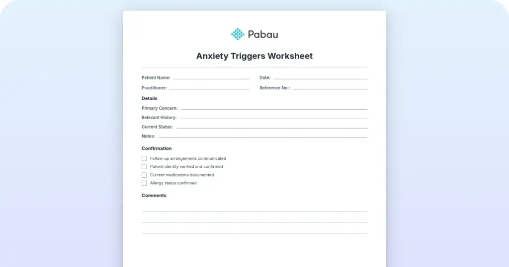 Anxiety triggers worksheet: Free PDF for therapists preview from Pabau
