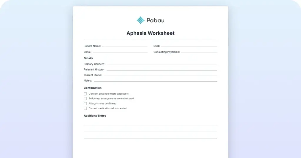 Aphasia worksheet preview from Pabau