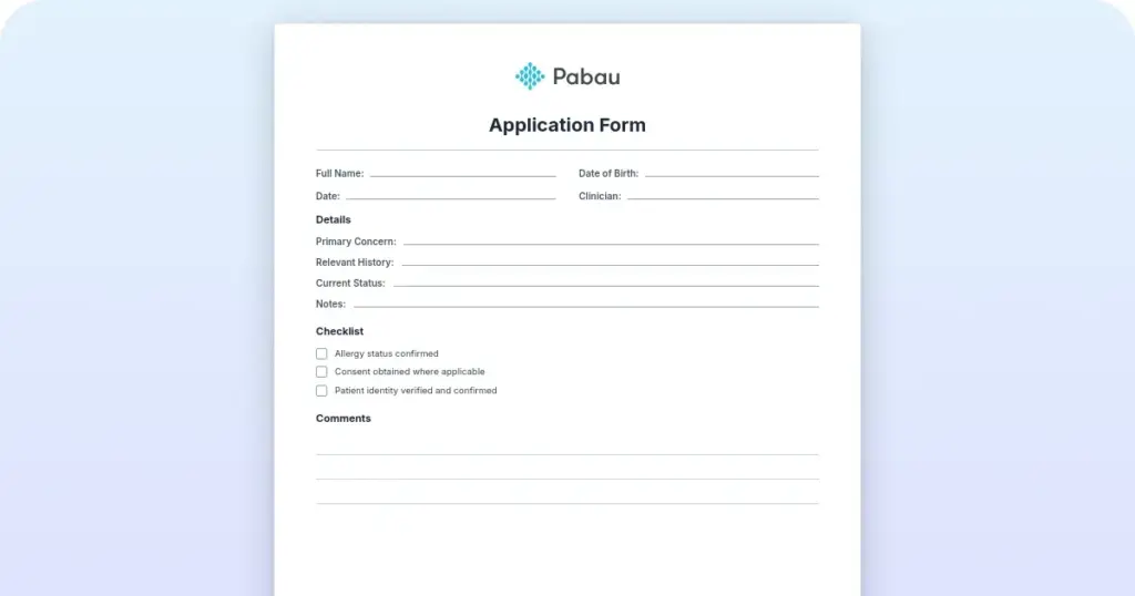 Patient application form template preview from Pabau